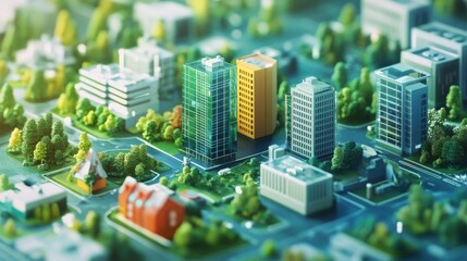 A detailed miniature model of a modern cityscape with various buildings and greenery, showcasing urban planning and architecture.