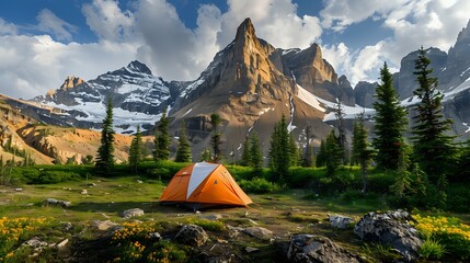 A stunning view of a mountain camp tent in the foreground highlighting rugged mountain terrain.