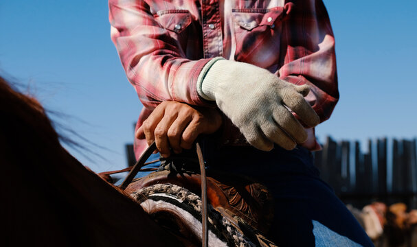 Ranch and rodeo lifestyle with man horseback sitting in saddle closeup wearing roping glove.