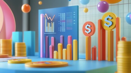 Colorful 3D rendering of financial charts, bar graphs, and currency symbols representing economic data and business analytics.
