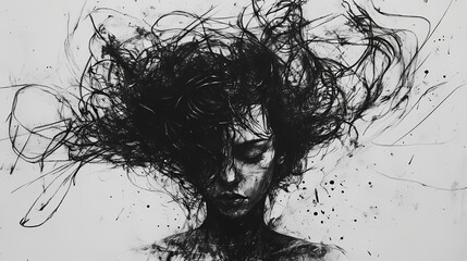 Fototapeta premium A black and white drawing of a person with messy hair. the drawing is very abstract and has a lot of lines. the mood of the drawing is chaotic and disordered. Charcoal Drawing. Illustration