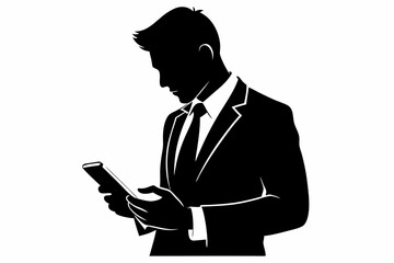 Business man browsing cell phone silhouette, man browsing cell phone vector illustration