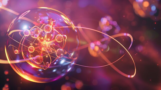Abstract illustration of an atom with glowing particles orbiting a central nucleus.