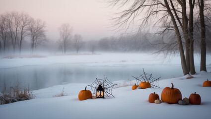 A serene winter landscape with a subtle Halloween twist, captured in a minimalist photography style