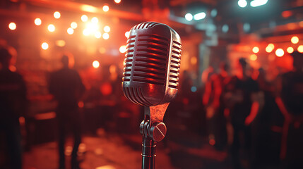 Close-up of retro microphone at concert, Retro style microphone on background
