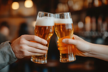friends drinking and toasting glass of beer at brewery pub restaurant.
