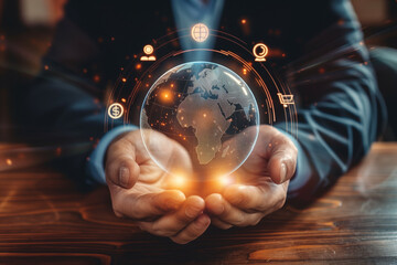 Businessman Holding a Glowing Globe with Digital Icons