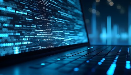 ノートパソコンの画面に電子コードのようなものが映るサイバーなイラスト