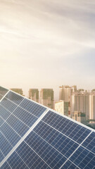 Fototapeta premium A city skyline with a large solar panel or solar cell on top. Photovoltaic module