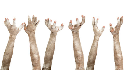 Set of mummy hands have dirty bandages on them. Mummy, devil, evil, satan or zombie hands