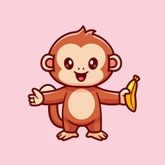 Obraz premium Cute Monkey Holding Banana Cartoon Vector Icon Illustration. Animal Food Icon Concept Isolated Premium Vector. Flat Cartoon Style