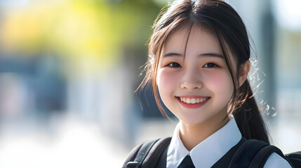 A cheerful chinese girl in a crisp school uniform smiling brightly, showcasing her youthful energy and neatly styled hair in a close-up photo.