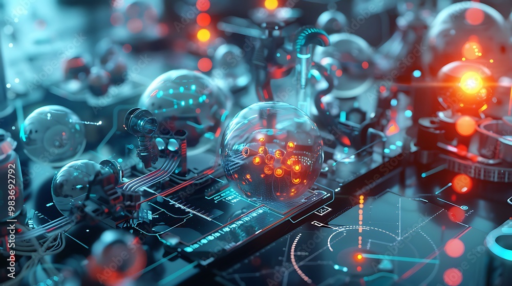 Poster futuristic technological concept features a complex network of interconnected circuits and orbs repr