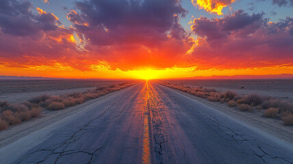Lonely highway stretching toward stunning sunset with dramatic clouds in the desert