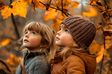 Fototapeta premium Autumnal mood. happy children in autumn orange leaves, outdoor.
