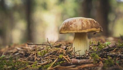 A close-up of a single mushroom in a forest, nestled among moss and fallen leaves, with soft sunlight filtering through the trees, highlighting its delicate texture.