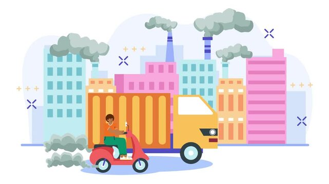Urban pollution and traffic scene with scooter and truck animated video