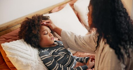 Mother, sick boy and bed for healthcare, virus or infection in support or trust at home. Mom, young kid or child with illness, flu symptom or cold fever in childcare, help or rest for nap in bedroom - Powered by Adobe