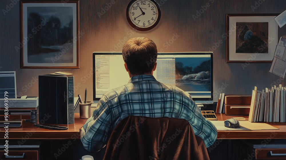 Poster Software developer working late night coding on computer at desk