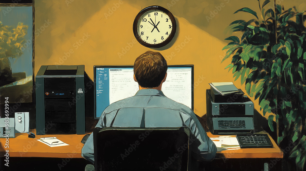 Poster Office worker sitting at desk working on computer with clock at 4:59 pm
