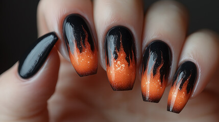 Woman showing halloween orange and black fire flame nails manicure