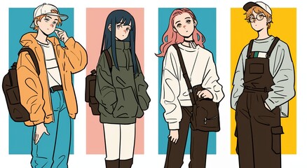 アニメ風カジュアル男女全身立ち絵　AI生成