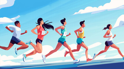 Athletes running marathon together under blue sky illustration
