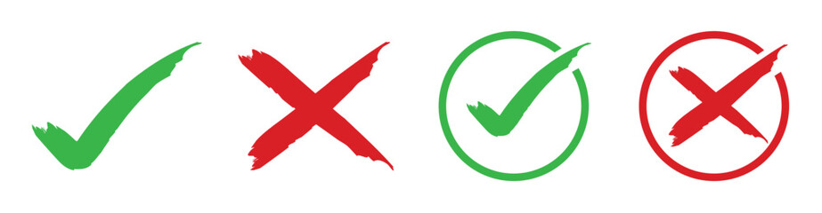 Set check mark and cross. Red cross and green check mark. Check marks vector icons in red and green isolated on white background.