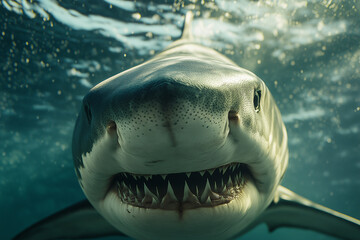 Great white shark showing its teeth underwater