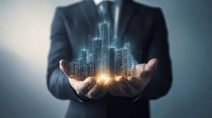 Naklejka premium Businessman holding futuristic glowing digital city in his hands