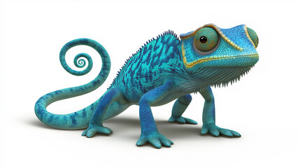 Obraz premium Blue chameleon standing and looking curious on white background