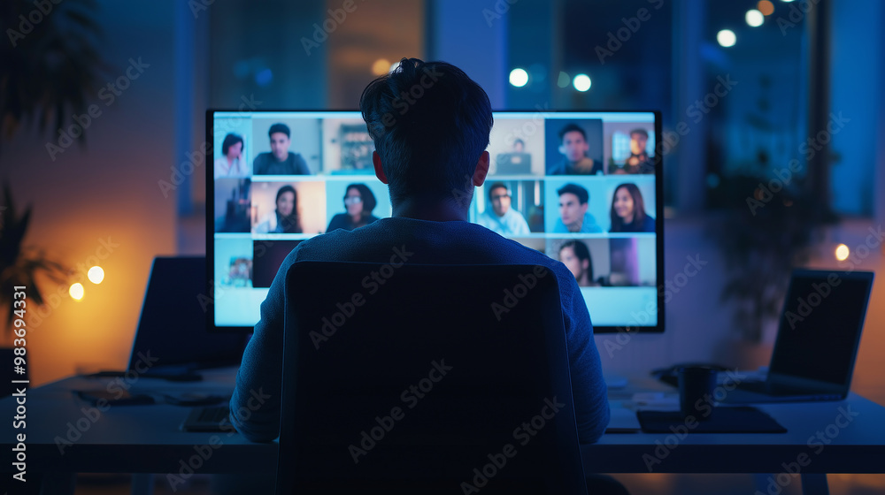 Poster businessman working from home having video conference call on computer
