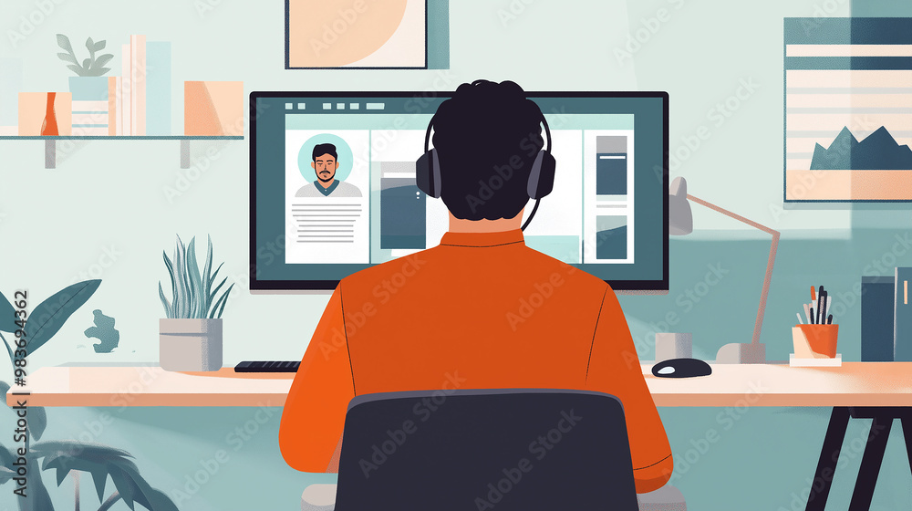 Poster businessman working from home having video call meeting on computer