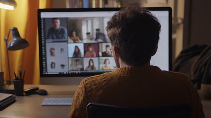 Fototapeta premium Freelancer working from home having group video call on desktop computer