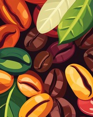 Colorful Coffee Beans and Leaves Background