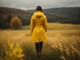 Female in high grass wearing yellow rain coat and looking away from camera