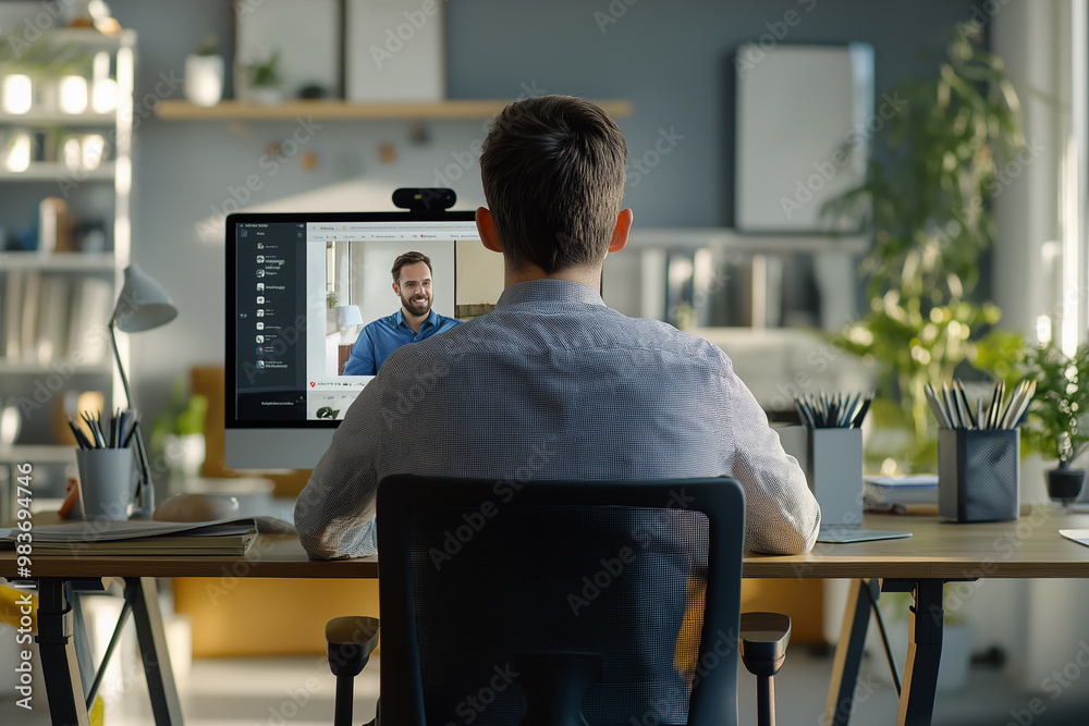 Poster businessman working from home having video conference on desktop computer