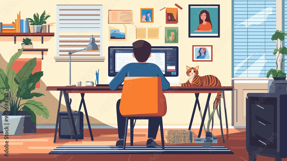 Poster Programmer working from home sitting at desk with cat on table