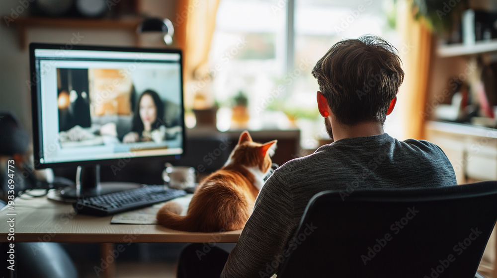 Aufkleber Man working remotely from home having video call with cat on desk