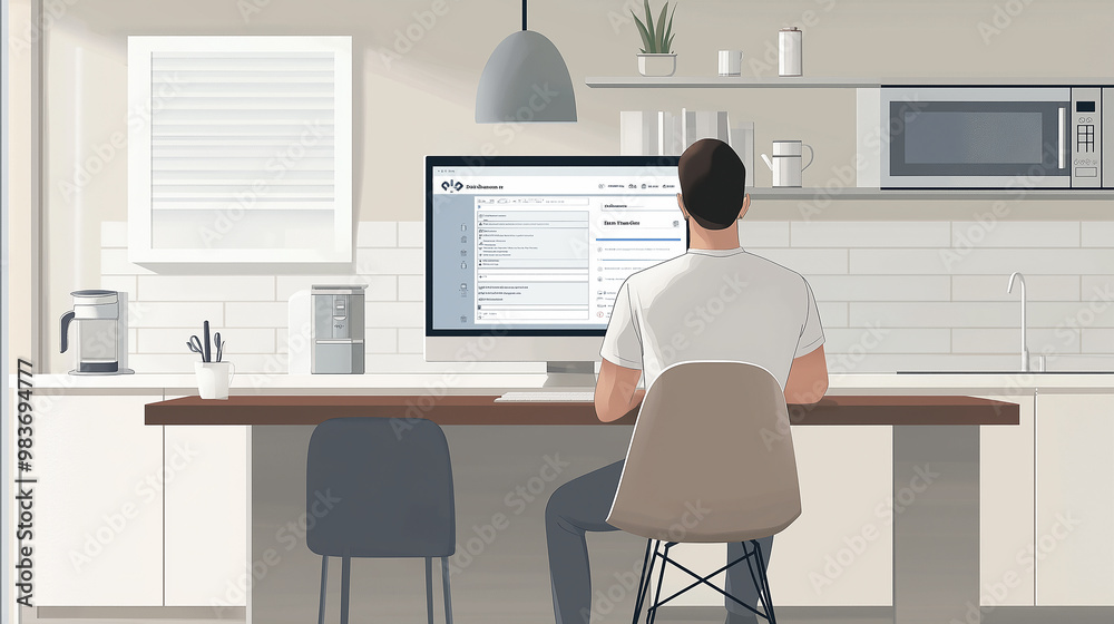 Poster Man working from home office in kitchen using desktop computer