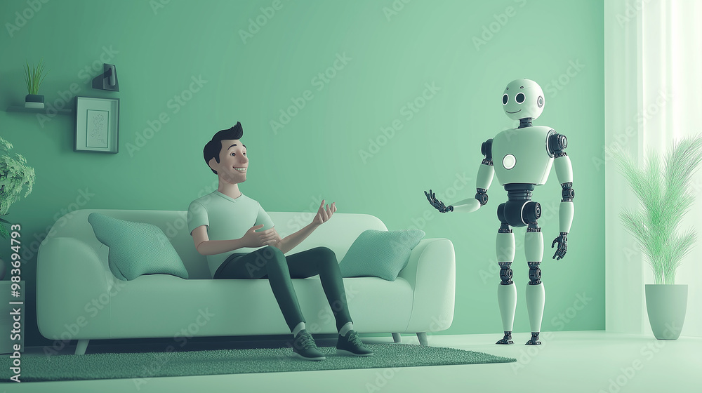 Aufkleber Man sitting on sofa is talking with a robot in living room