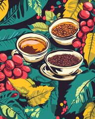 Vibrant Coffee and Leaves Artwork in Colorful Design