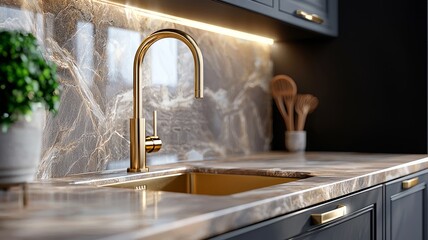 luxury kitchen sink with a gold faucet and marble countertop - ai