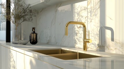 luxury kitchen sink with a gold faucet and marble countertop - ai