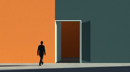 Businessman walking towards open door in colorful minimalist building