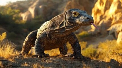 Obraz premium An ultra-realistic, close-up shot of a Komodo Dragon standing on a dry rocky terrain
