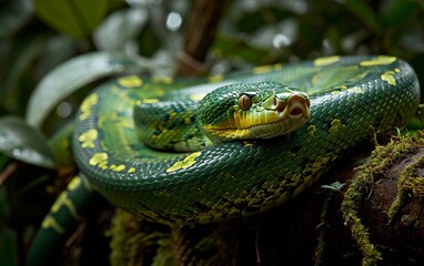Fototapeta premium Close-up wildlife photograph of an emerald boa constrictor, showcasing its vibrant green scales and natural habitat, perfect for nature and reptile themes. 