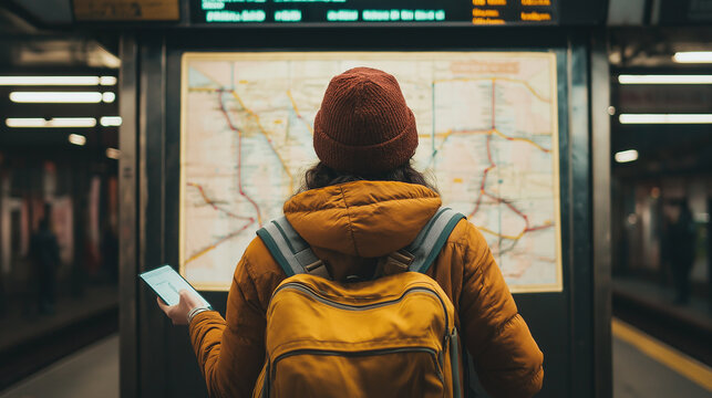 Tourist is trying to find her way in the subway using map and mobile phone
