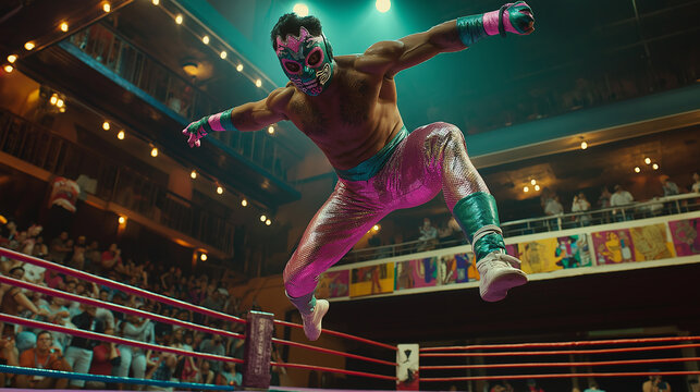 Masked luchador jumping high during wrestling match in arena