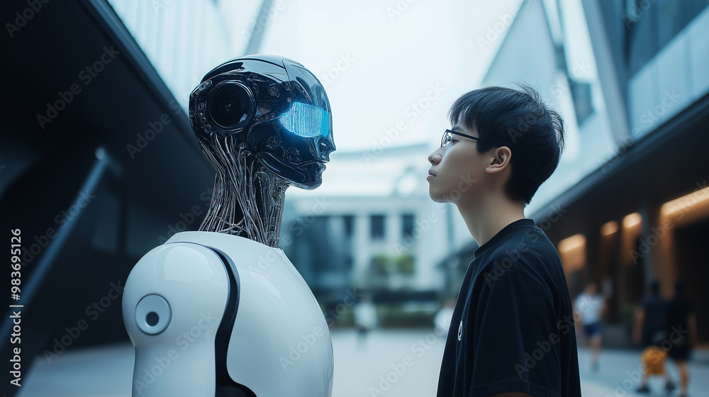 Poster young man looking at modern robot outside in urban setting